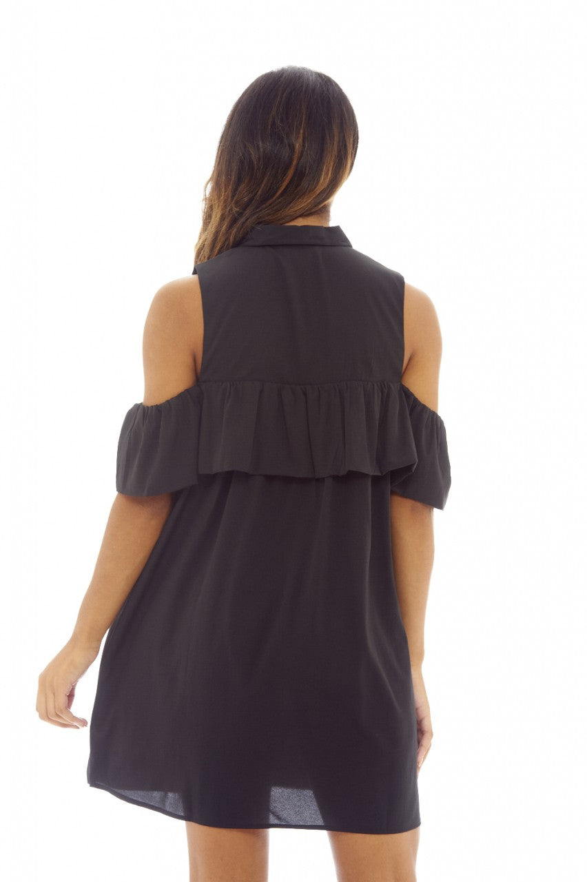 Kikodress - Black Ruffle Cold Shoulder Shirt Dress