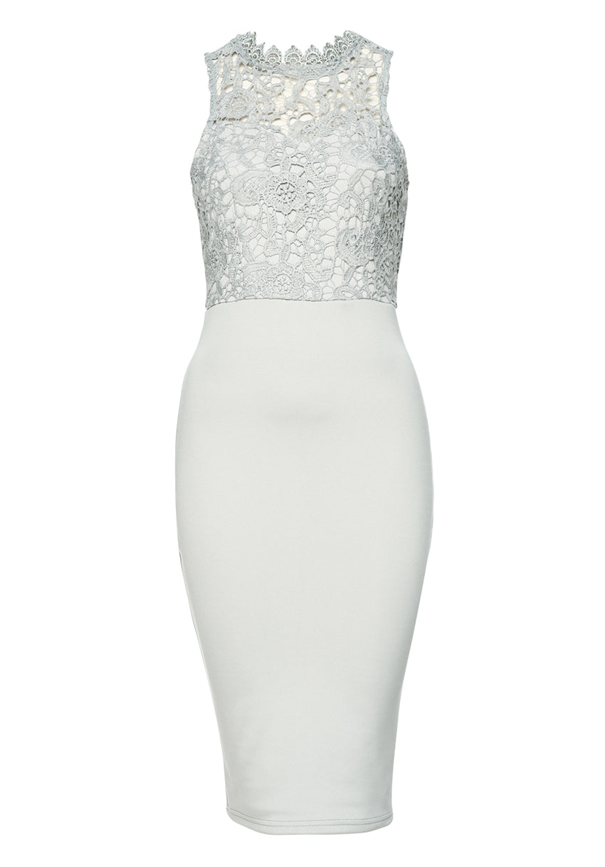 Kikodress - Grey Bodycon Midi Dress Crochet High Neck