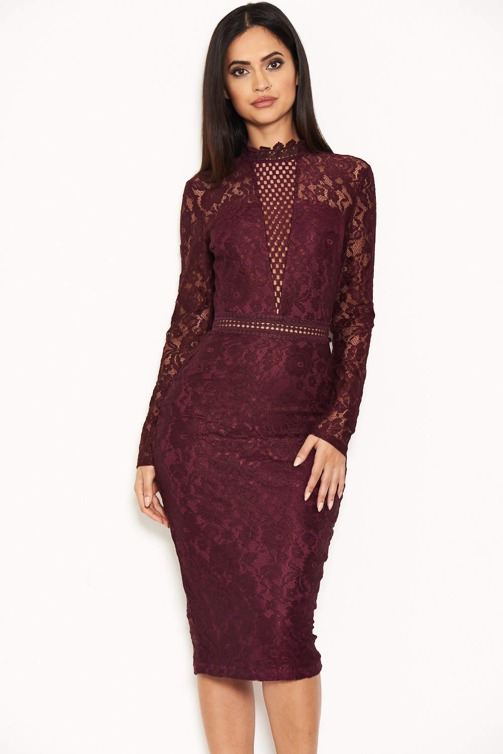 Kikodress - Plum High Neck Lace Dress With Frill Hem