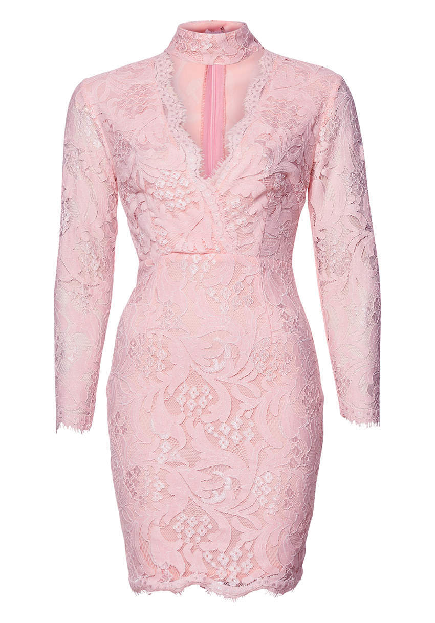Kikodress - Pink Lace Choker Bodycon Mini Dress