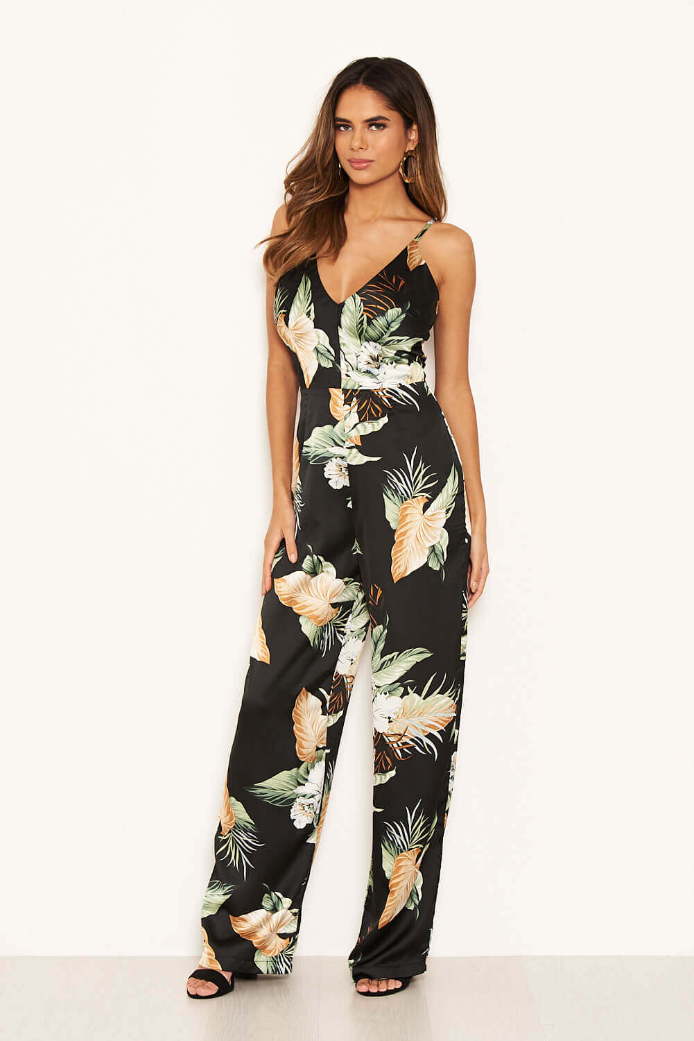 Kikodress - Black Floral V-Neck  Strappy Satin Jumpsuit