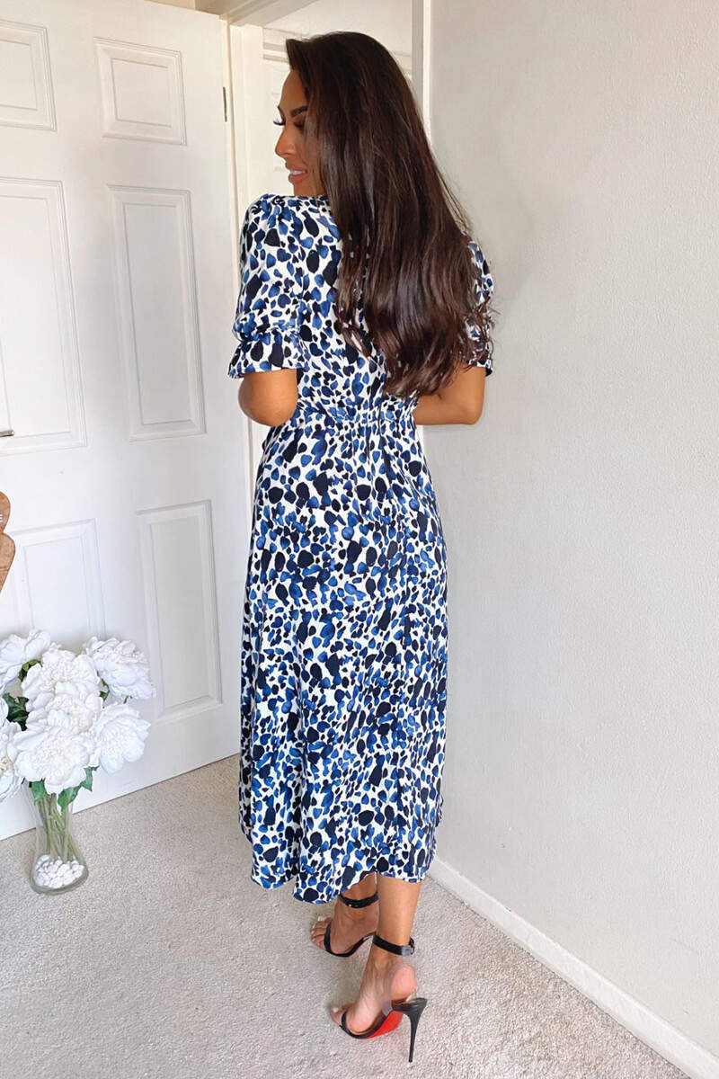 Kikodress - Blue Printed Wrap Tie Midi Dress