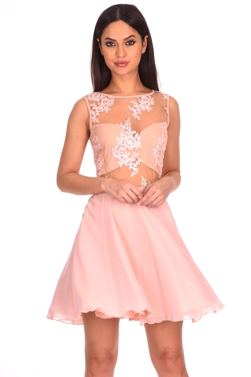 Kikodress - Nude Embroidered Mesh Skater Dress