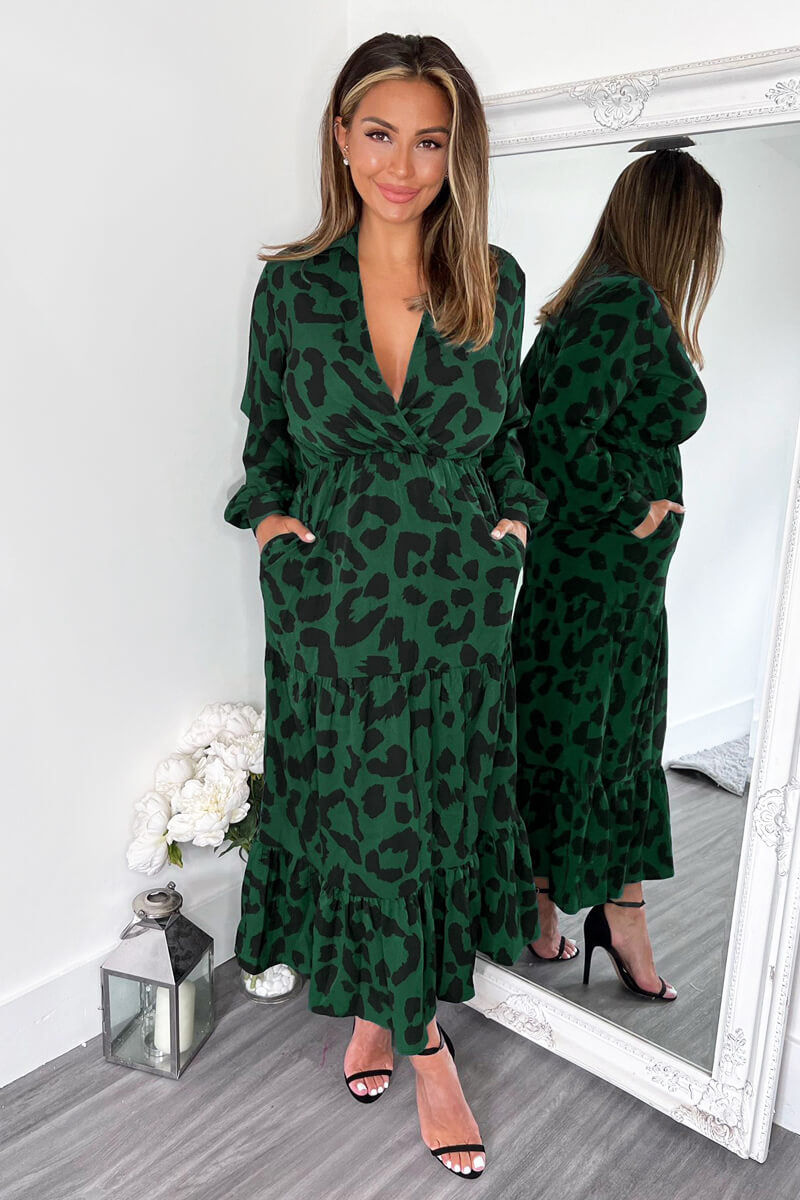 Kikodress - Green Leopard Print Long Sleeve Smock Midi Dress