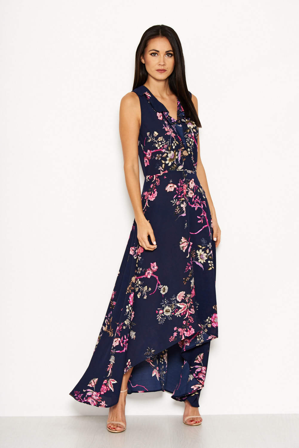 Kikodress - Navy Floral Dip Hem Dress