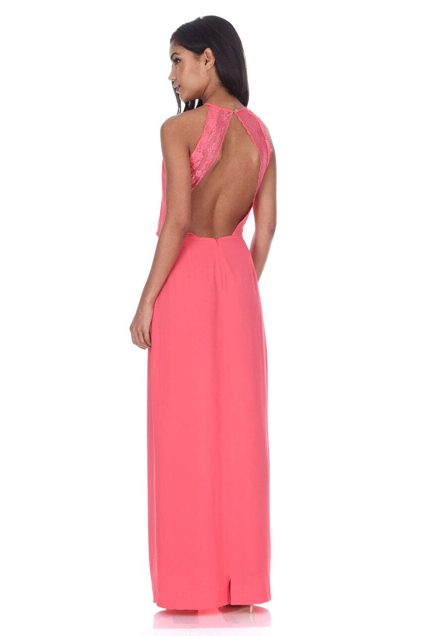 Kikodress - Coral Halterneck Strappy Lace Detail Maxi Dress