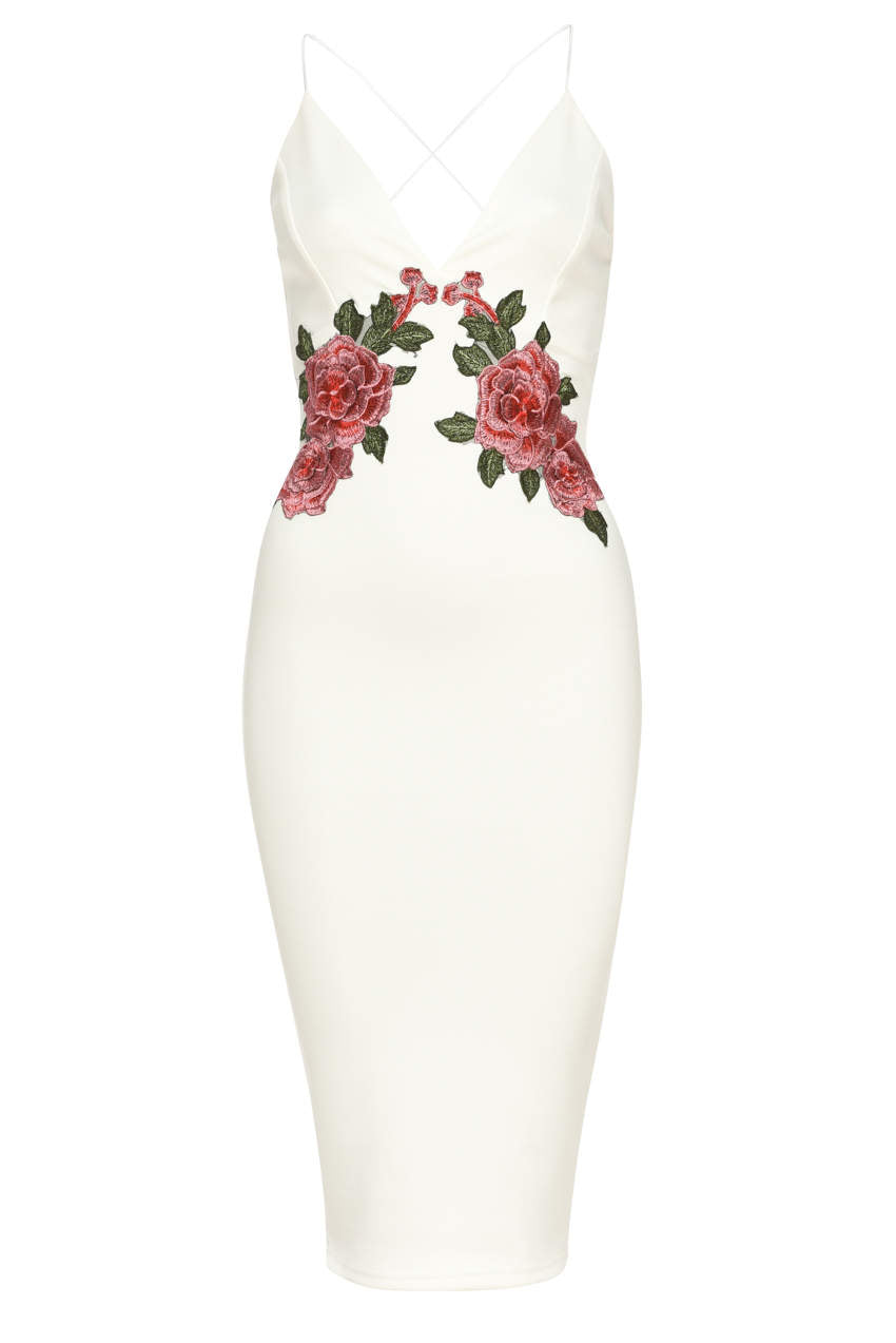 Kikodress - Cream Strappy Embroidered Bodycon Midi Dress
