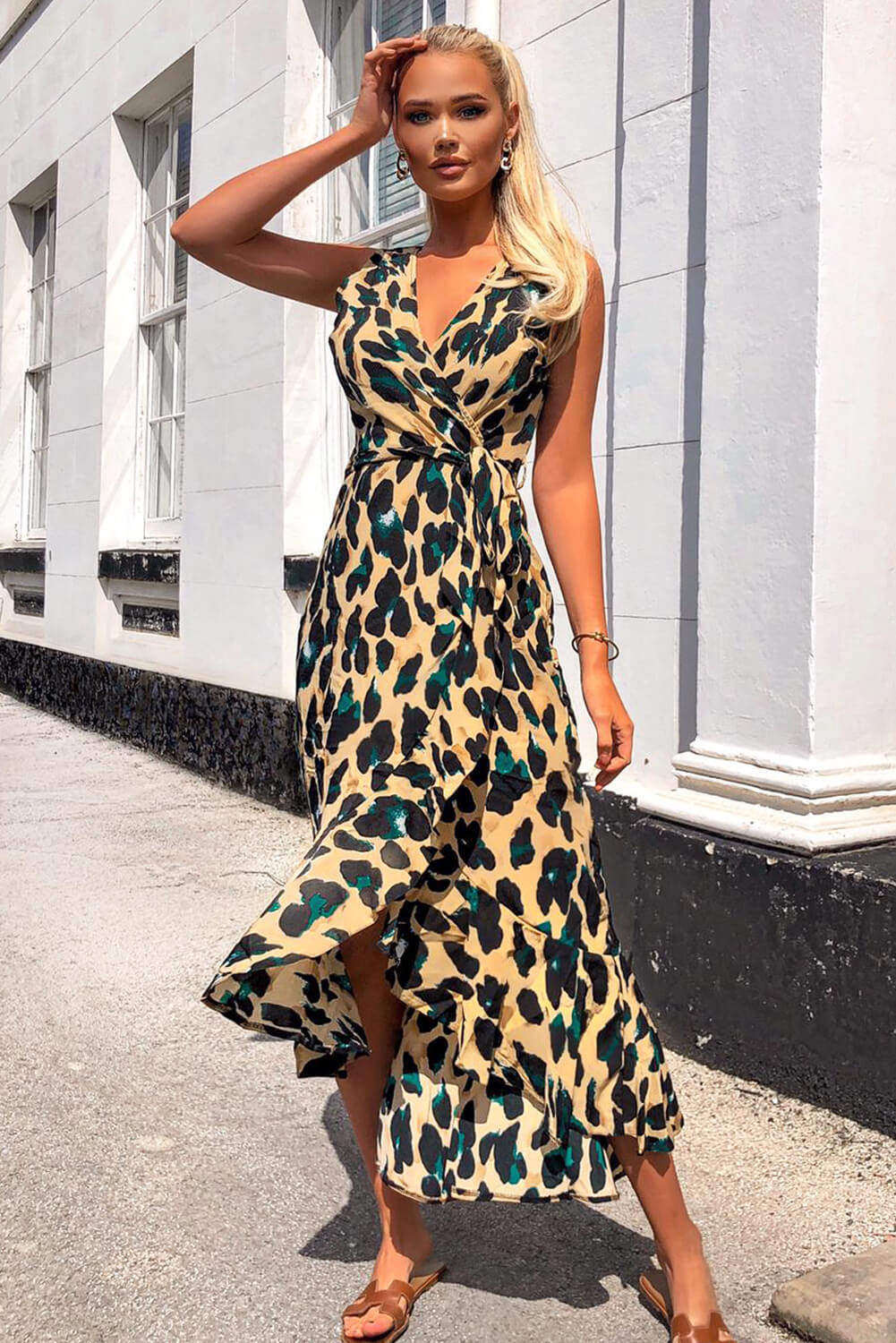 Kikodress - Leopard Print Wrap Frill Maxi Dress
