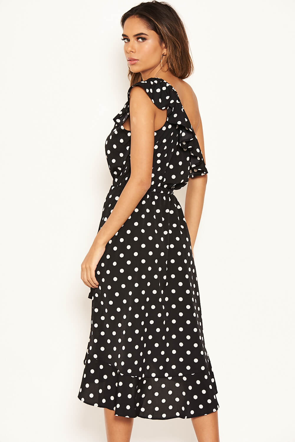 Kikodress - Black Polka Dot One Shoulder Frill Dress