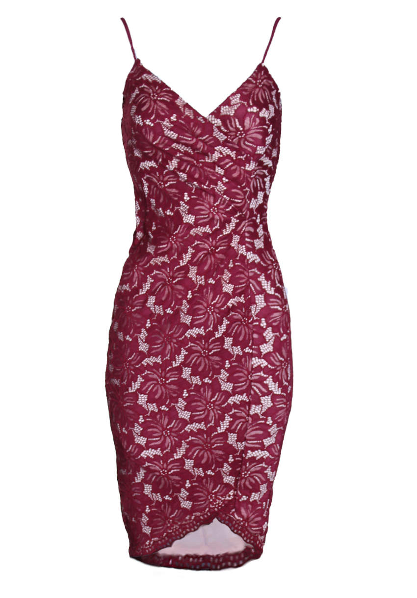 Kikodress - Wine and Nude Lace Midi Dress