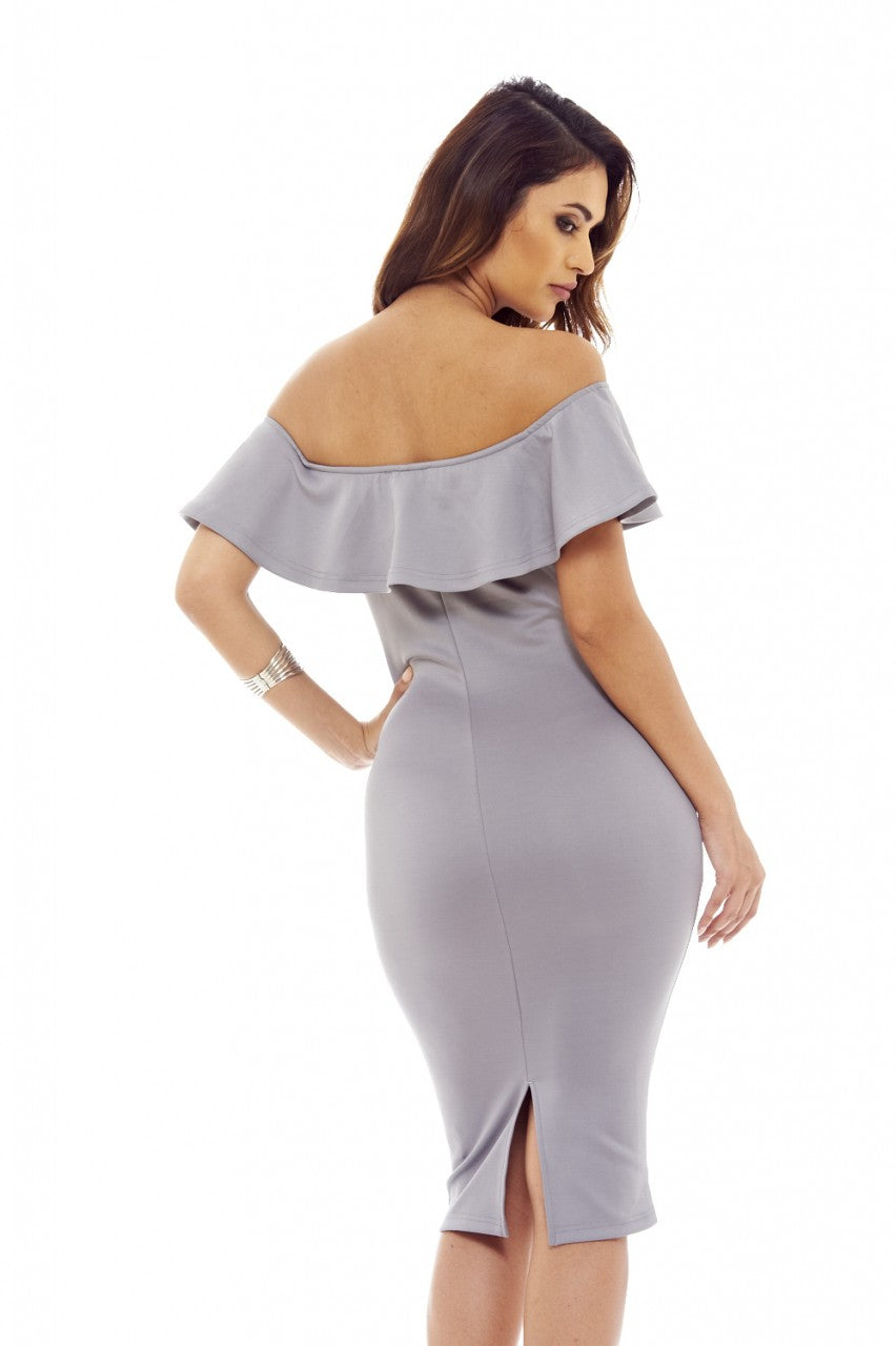 Kikodress - Grey Midi Dress with Off-The-Shoulder Frill Detail
