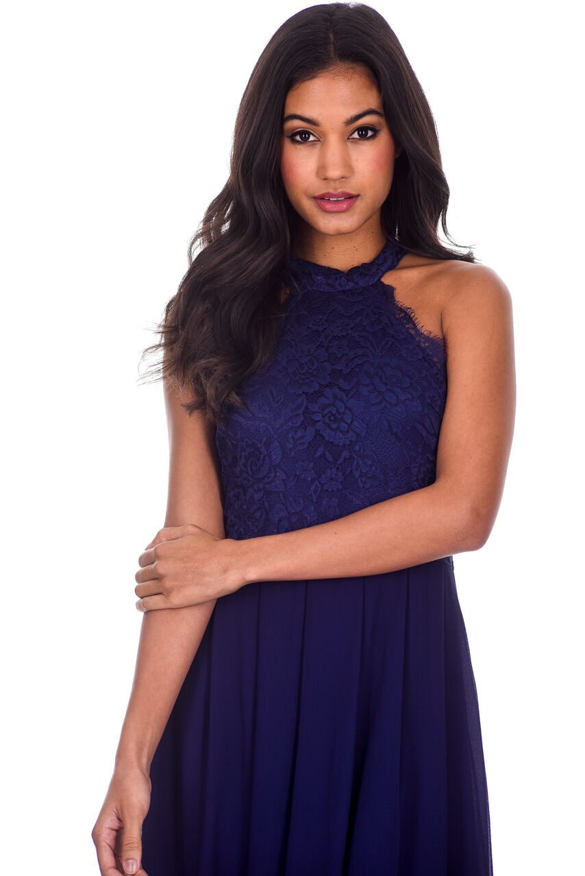 Kikodress - Navy Lace Choker Neck Maxi Dress