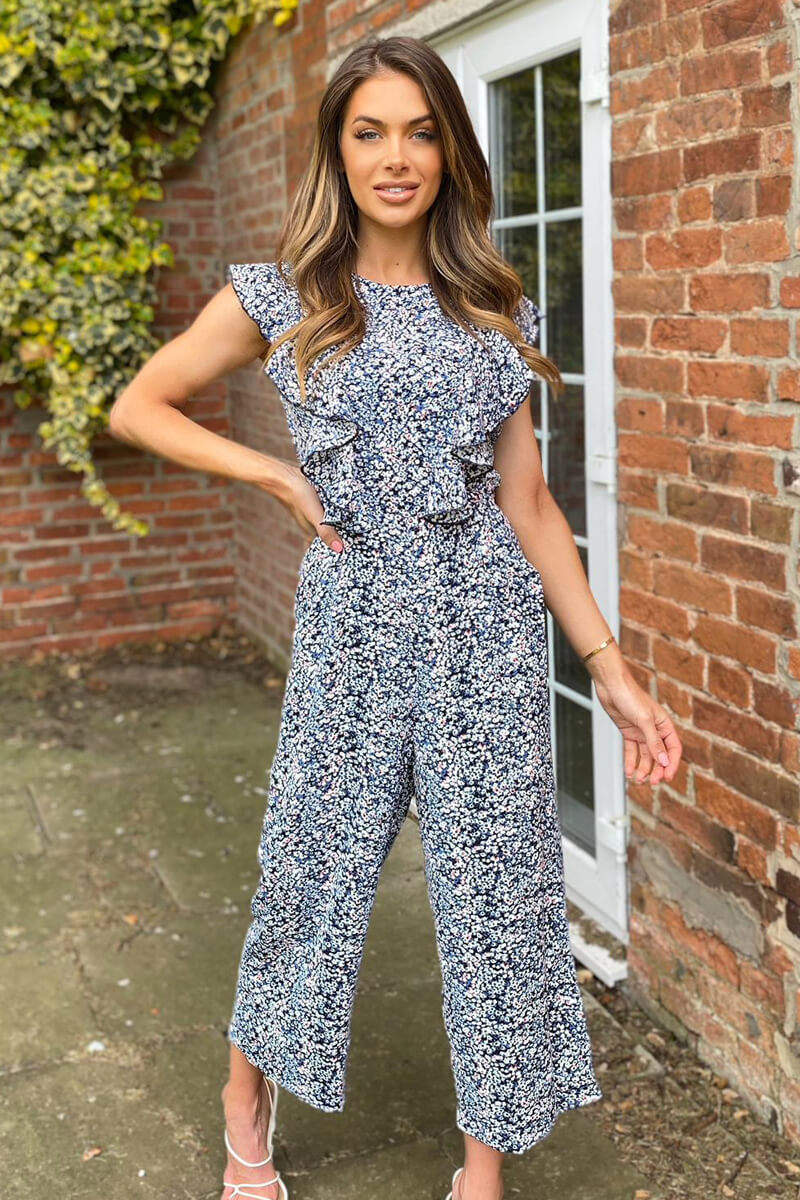 Kikodress - Blue Printed Frill Front Jumpsuit