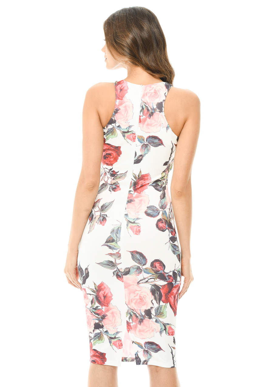 Kikodress - Sleeveless Bodycon Midi Dress with Rose Print