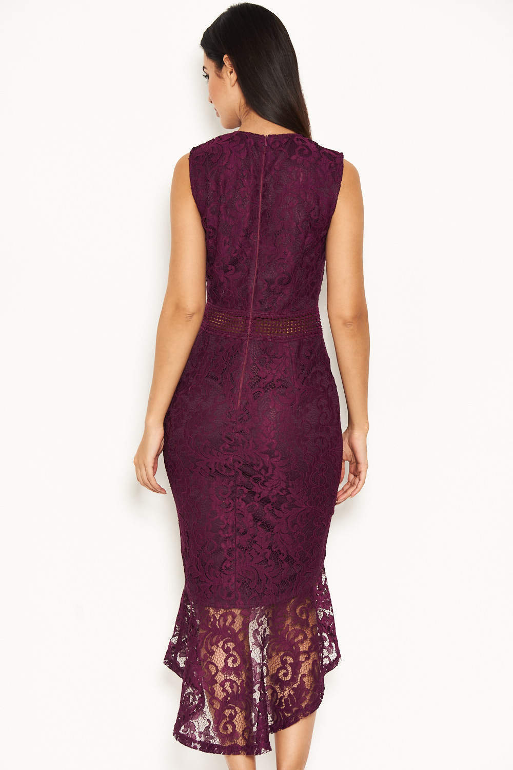 Kikodress - Plum Fishtail Hem Lace Midi Dress