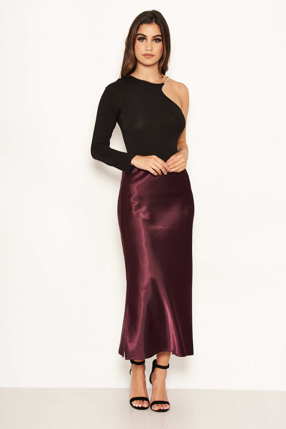 Kikodress - Plum Satin Midi Skirt