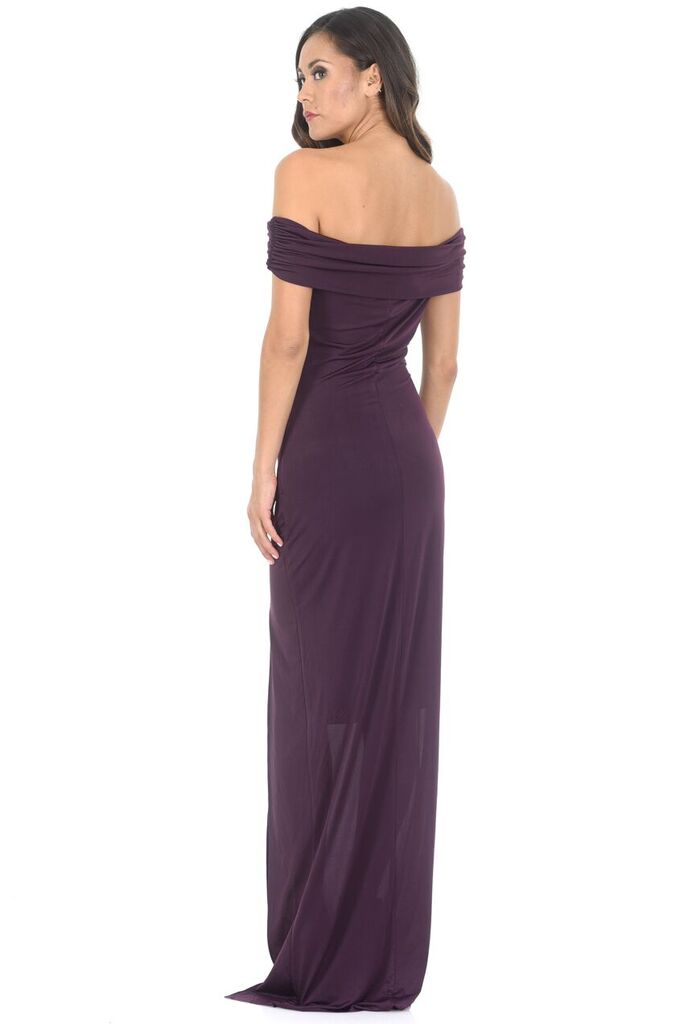 Kikodress - Plum Off The Shoulder Slinky Maxi Dress
