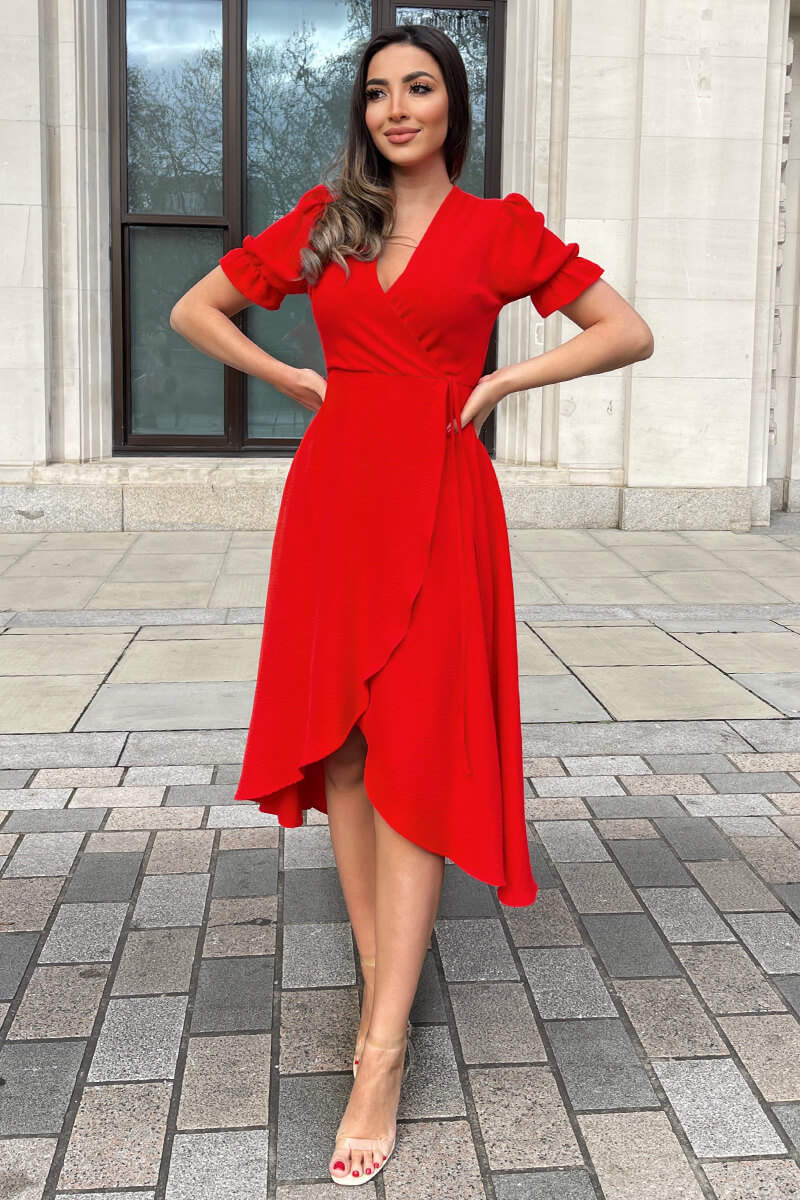 Kikodress - Red Wrap Side Tie Midi Dress