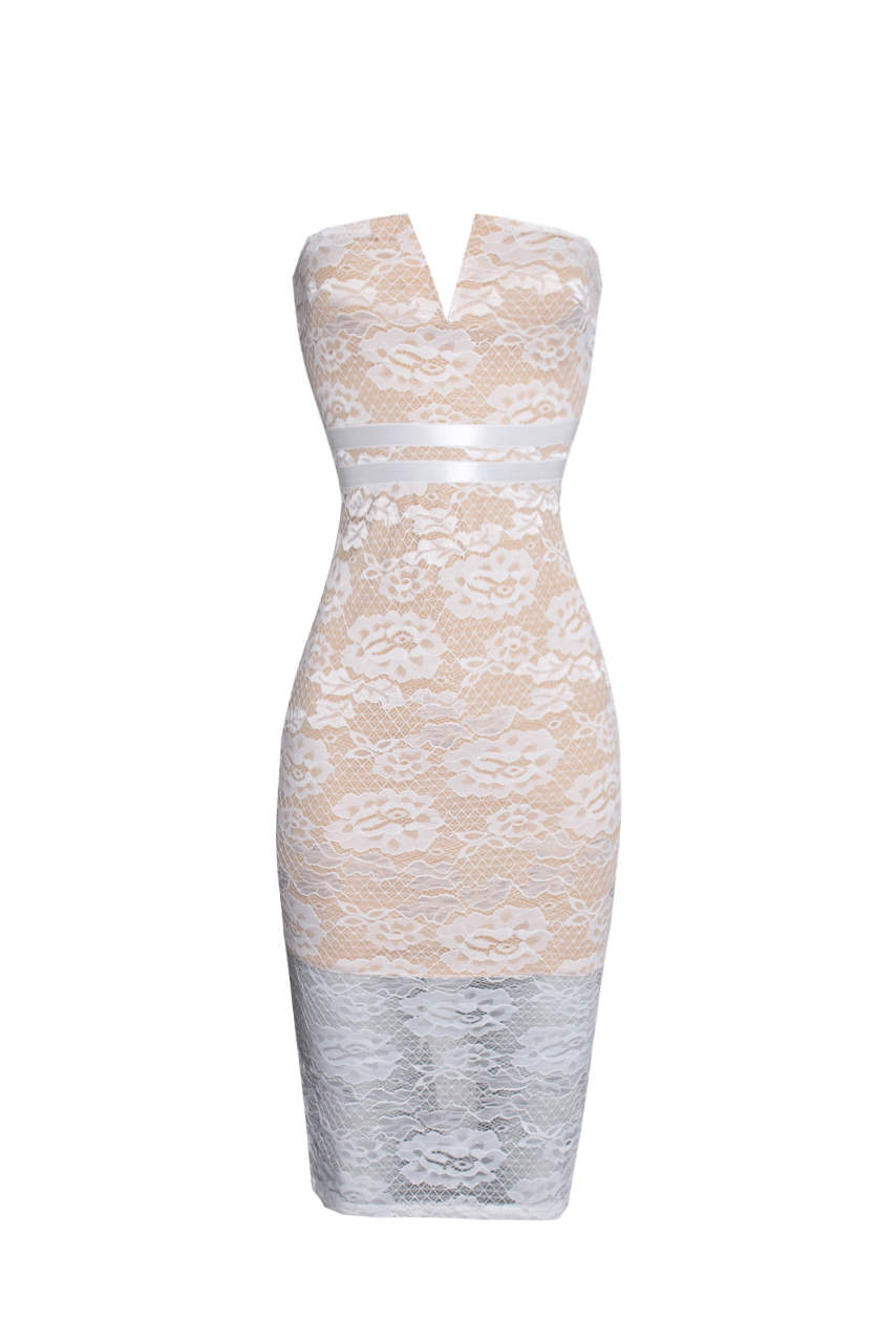 Kikodress - Cream Notch Front Lace Bodycon Midi Dress