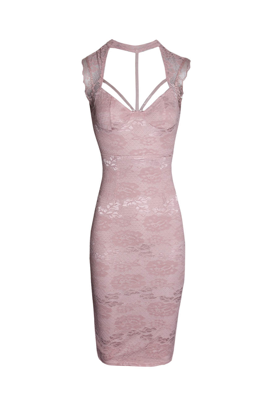 Kikodress - Pink Lace Harness Detailing Midi Dress