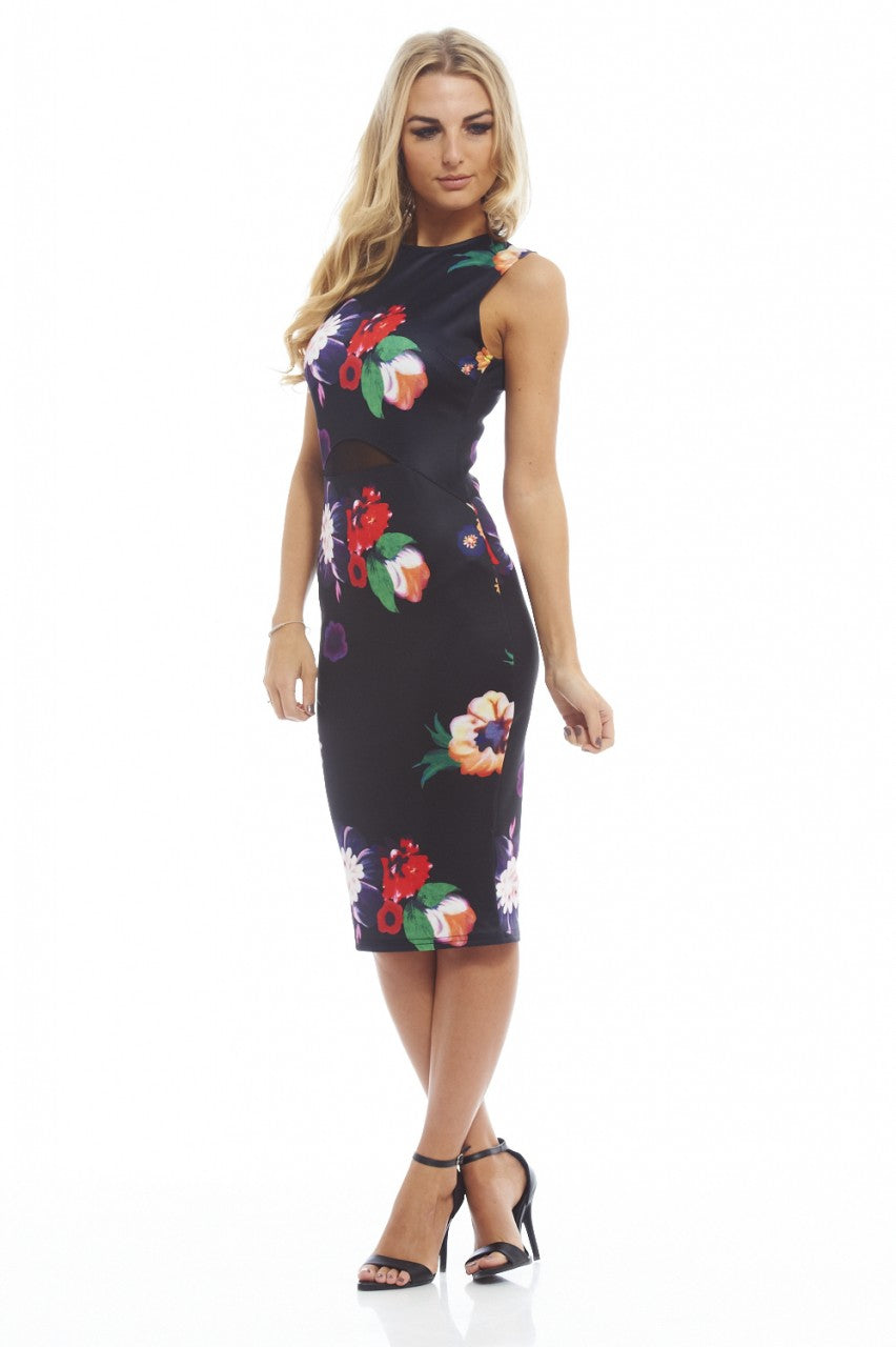 Kikodress - Floral Bodycon Midi With Mesh Insert