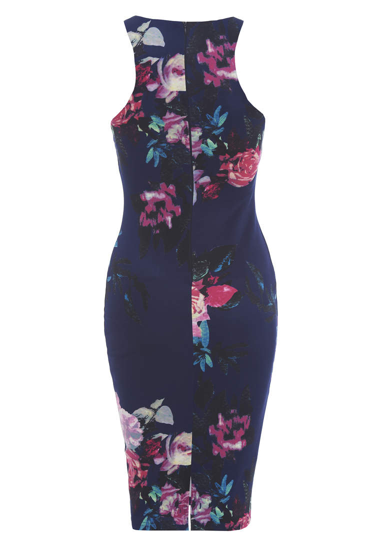 Kikodress - Cut In Detail Neck Floral Printed Midi Dress