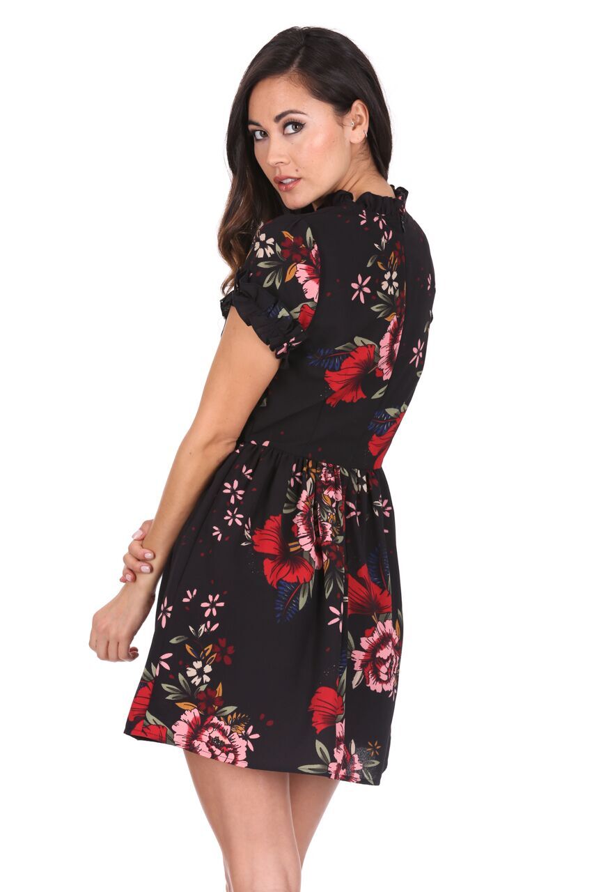 Kikodress - Black Floral Frill Sleeve High Neck Dress