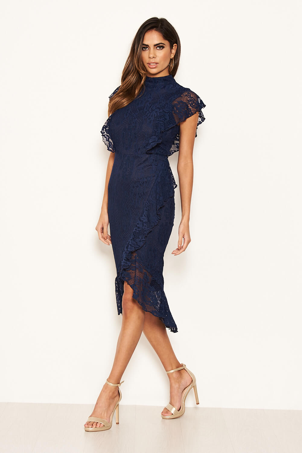 Kikodress - Navy Lace Fish Tail Frill Sleeve Midi Dress