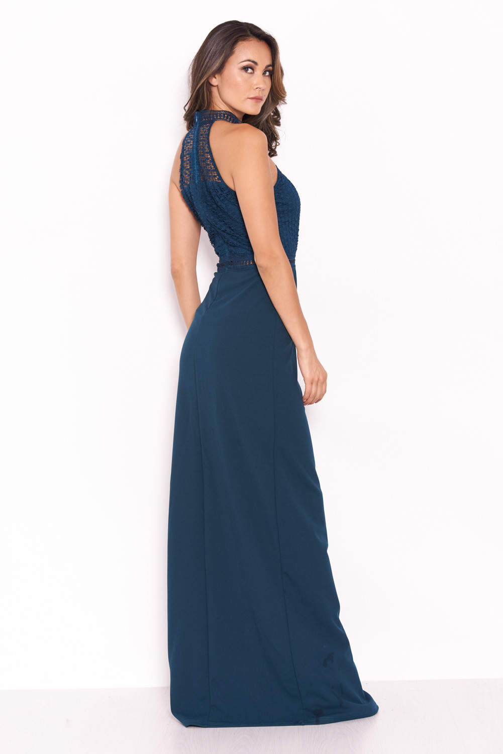 Kikodress - Teal Crochet Top High Neck Maxi Dress