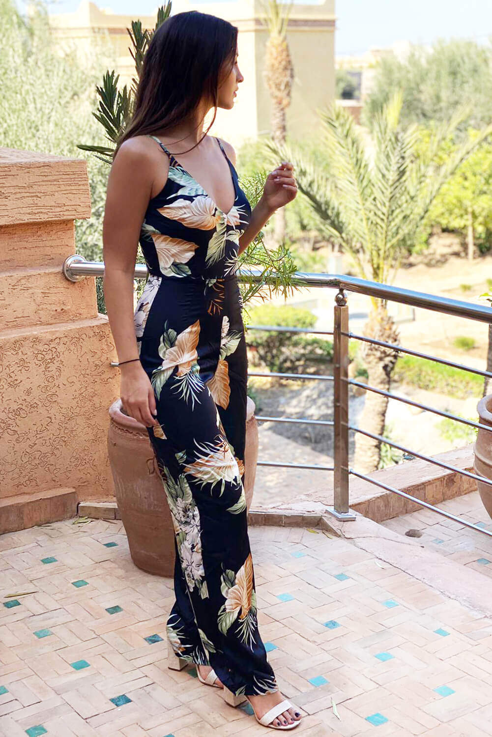 Kikodress - Black Floral V-Neck  Strappy Satin Jumpsuit