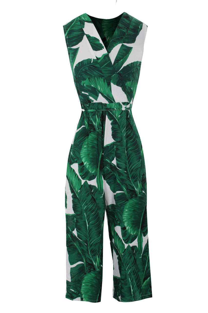 Kikodress - Tropical Print Jumpsuit With V-Neckline