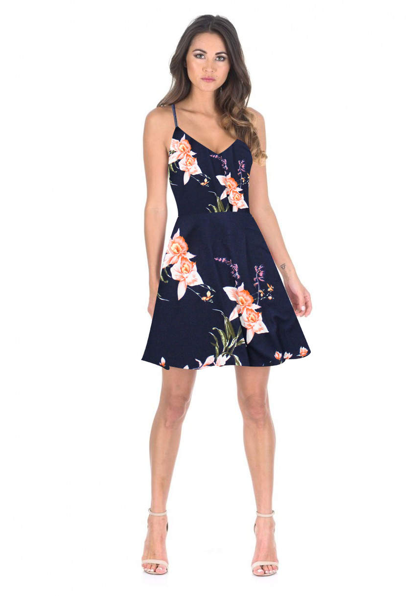 Kikodress - Navy Floral V-Neck Strappy Skater Dress
