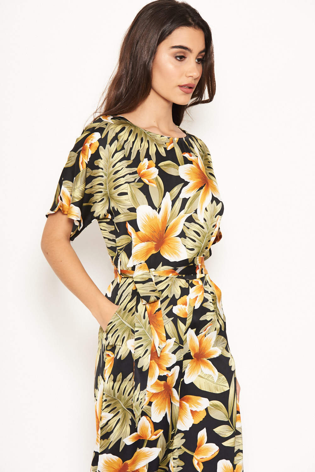 Kikodress - Tropical Print Belted Jumpsuit