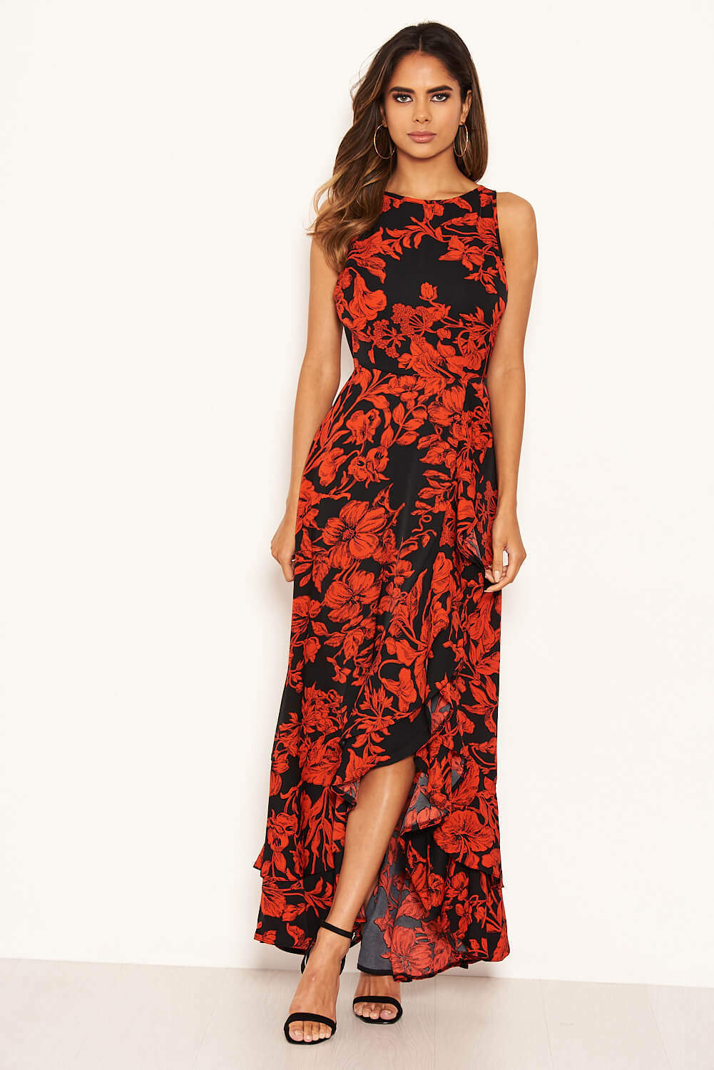 Kikodress - Red Floral Frill Hem Maxi Dress