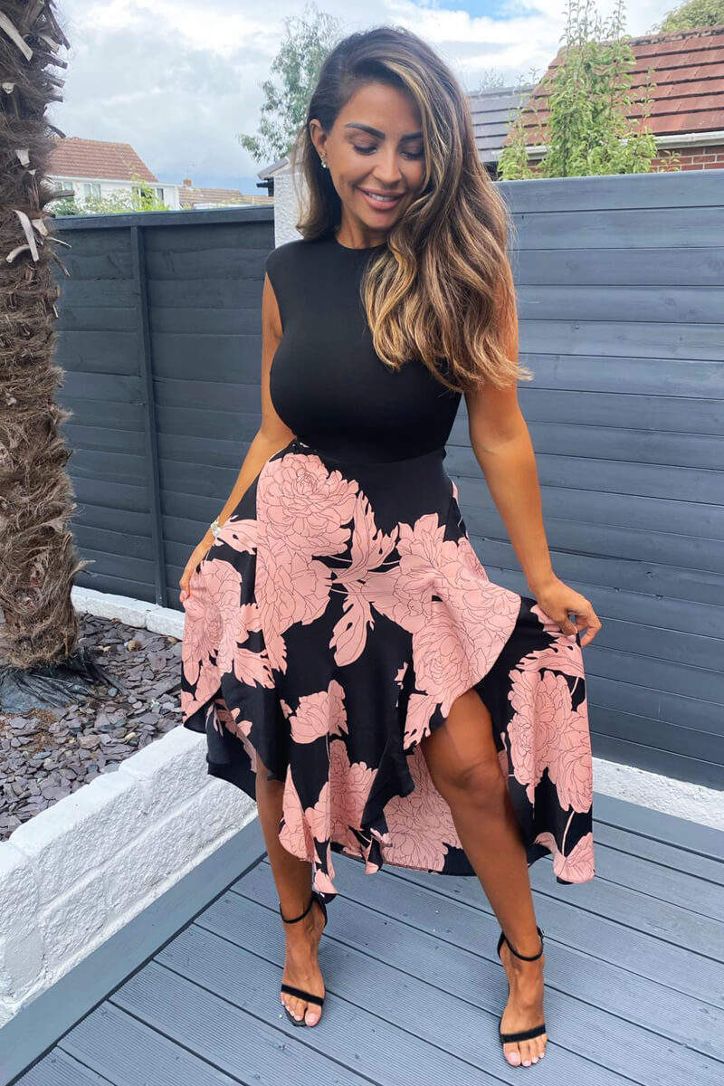 Kikodress - Black and Blush Floral Print 2 in 1 Midi Dress