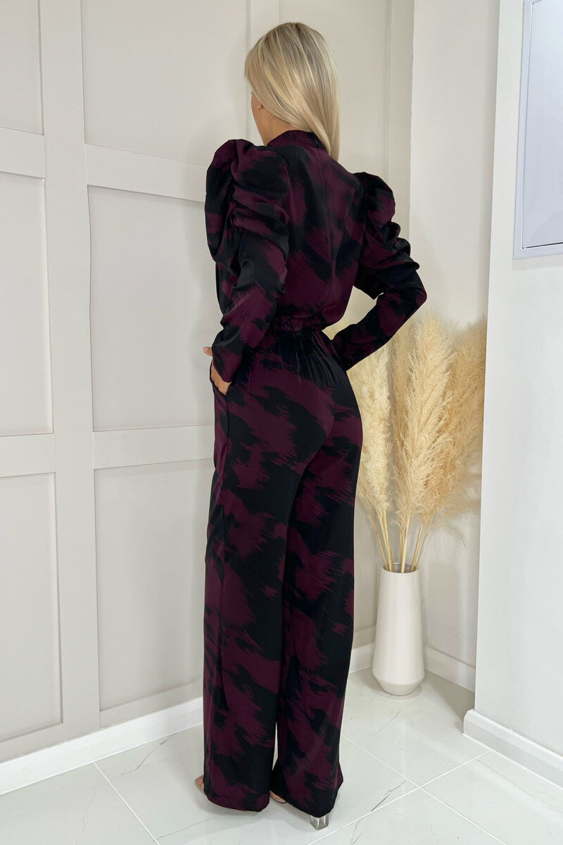Kikodress - Wine Printed High Neck Puff Sleeve Jumpsuit