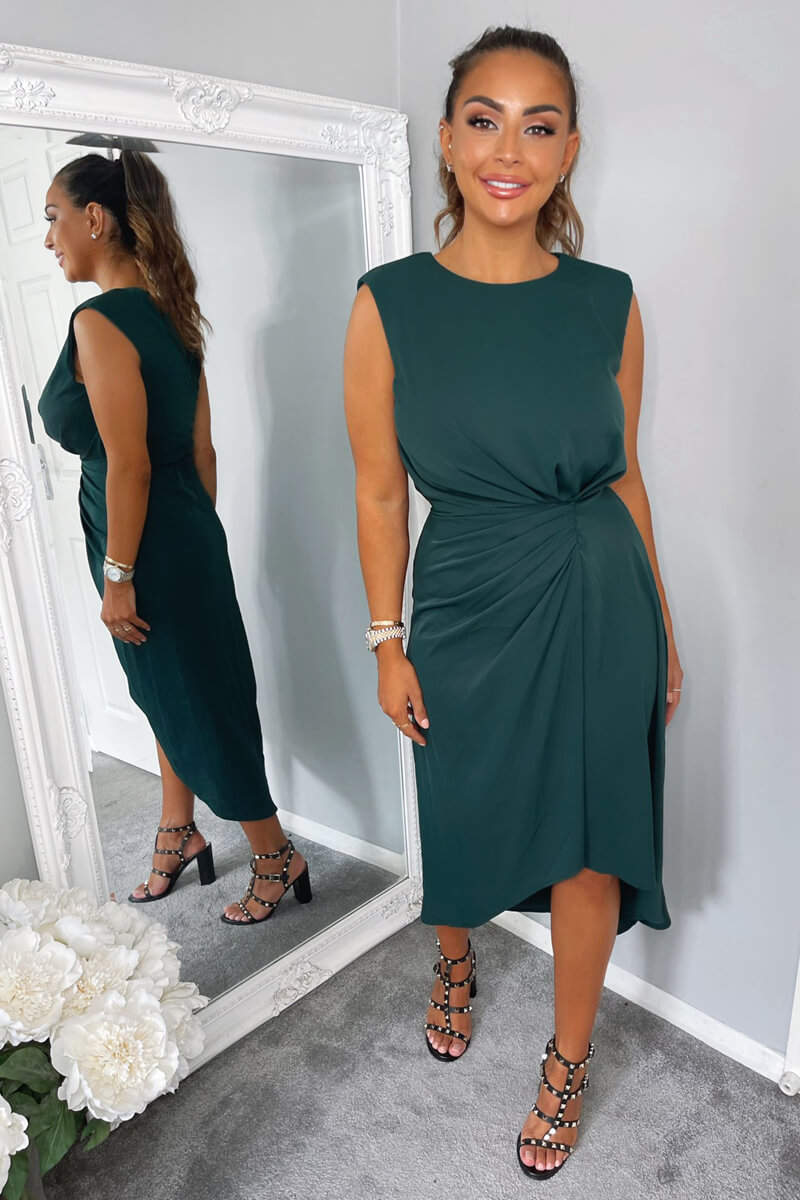 Kikodress - Teal Gathered Midi Dress With Padded Shoulders