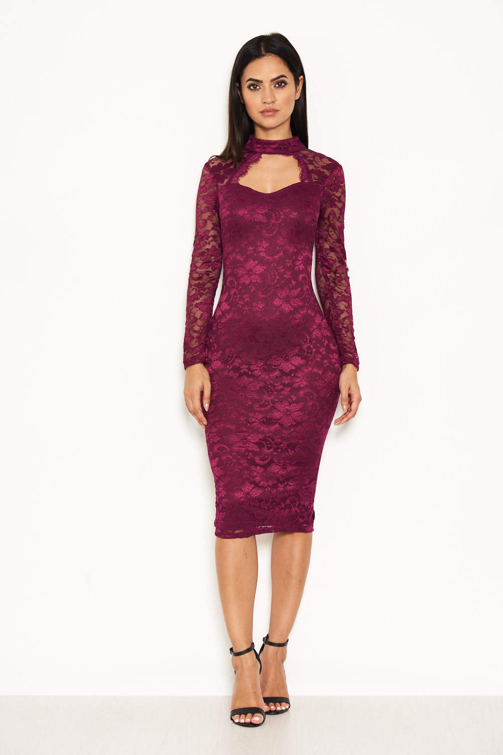 Kikodress - Plum Lace Midi Dress With Long Sleeves