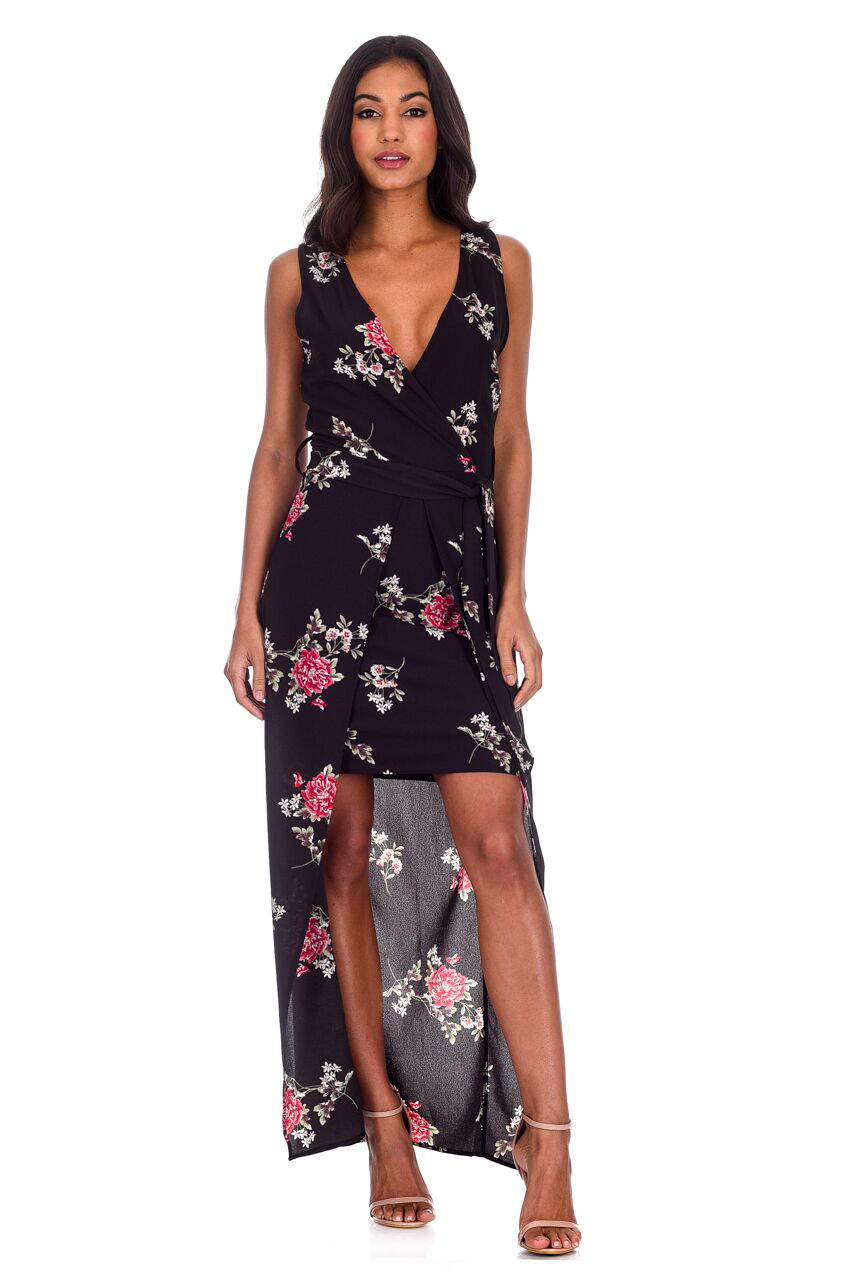 Kikodress - Black Floral V-Neck Wrap Skirt Dress