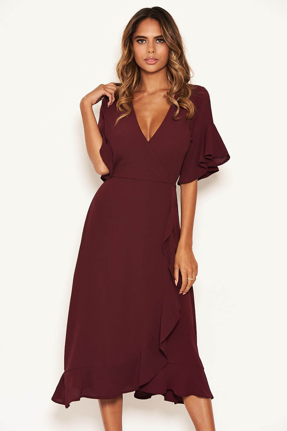 Kikodress - Plum Midi Dress With Frill Hem And Sleeves