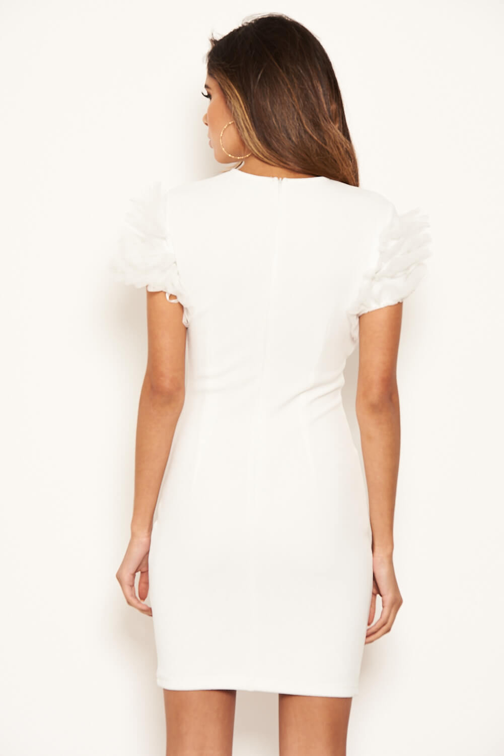 Kikodress - Cream Ruffle Mesh Sleeve Bodycon Dress
