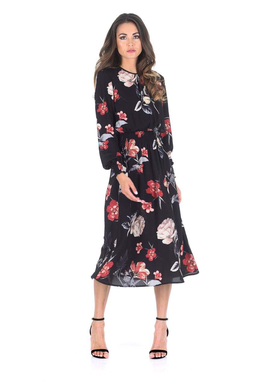 Kikodress - Black Floral Long Sleeve Elastic Waist Midi Dress