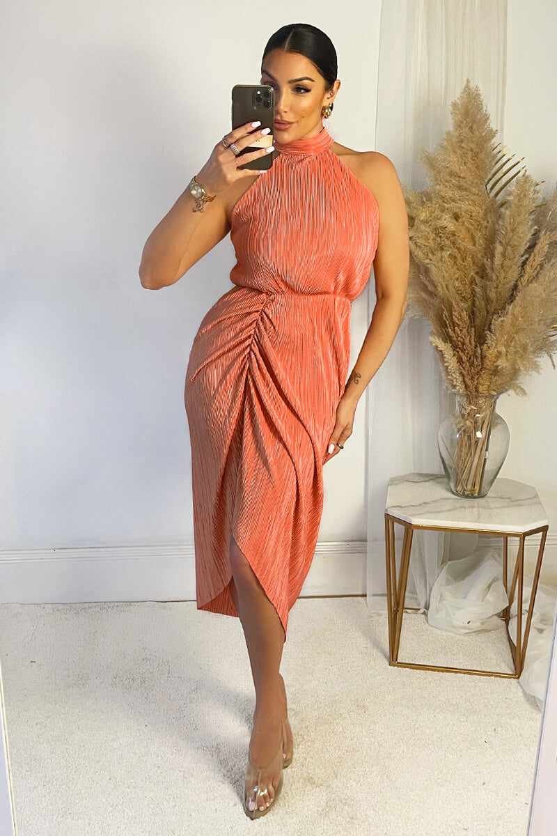 Kikodress - Peach Halter Neck Plisse Gathered Midi Dress