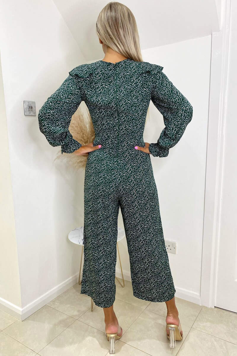 Kikodress - Forest Green Printed Frill Front Tie Jumpsuit
