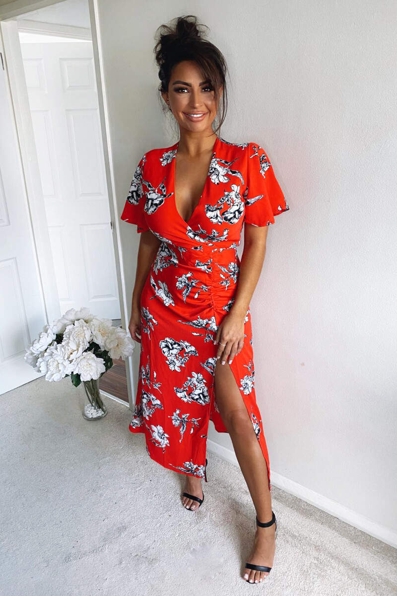 Kikodress - Red Floral Print Bell Sleeve Midi Dress