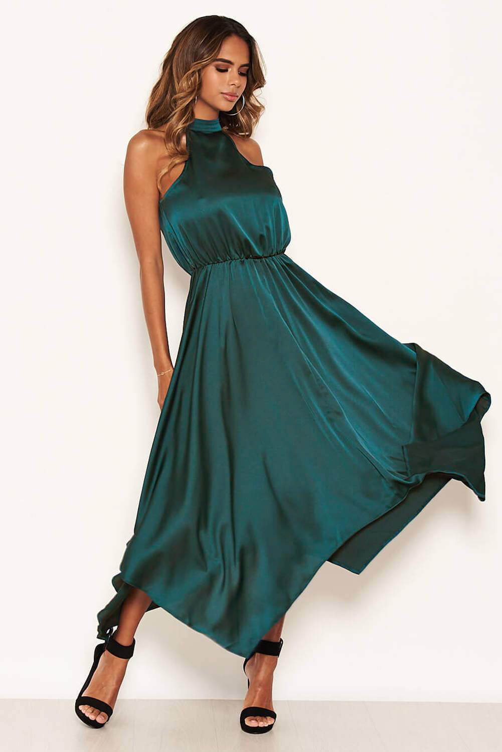 Kikodress - Teal Satin Sleeveless Maxi Dress