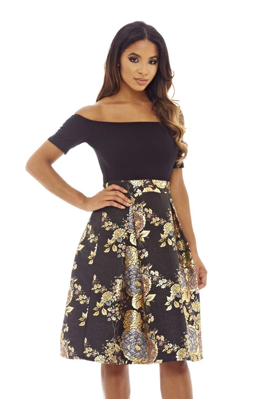 Kikodress - Black Bardot Midi Skater Dress
