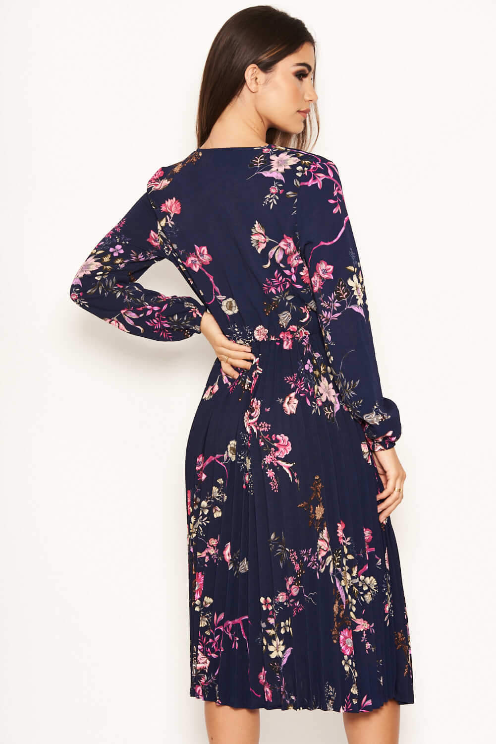 Kikodress - Navy Floral Pleated Dress