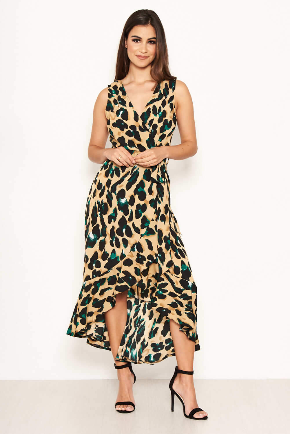 Kikodress - Leopard Print Wrap Frill Maxi Dress