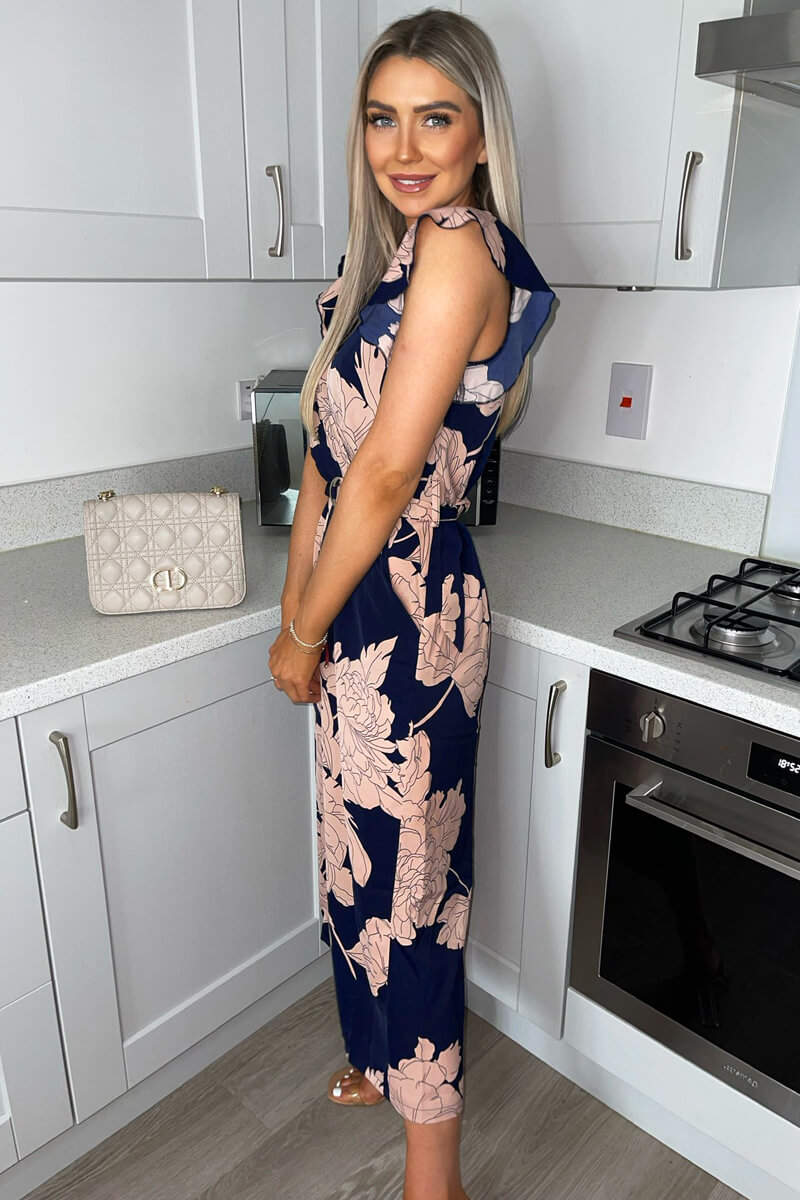 Kikodress - Navy And Blush Floral Wrap Front Belted Jumpsuit